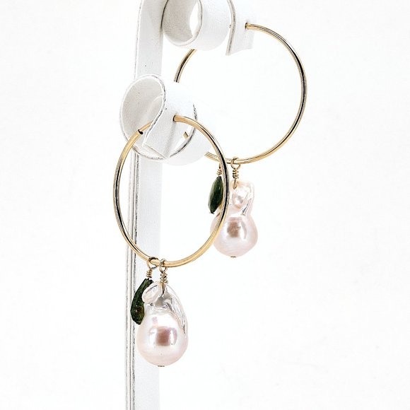 Baroque Pearl & Green Tourmaline Hoop Earrings, 14K Gold Filled Thin Hoops - Picture 4 of 11